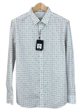 NWT Bugatchi Shaped Fit Comfort Stretch Dress Shirt White Blue Grid L⁠